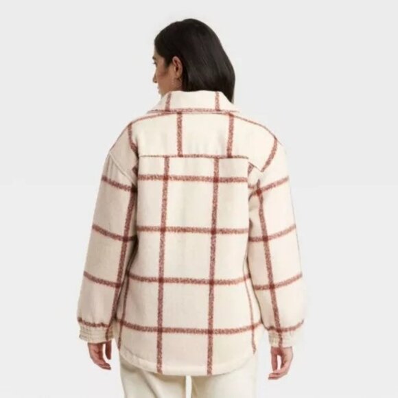 Universal Thread Womens Oversized Windowpane Plaid Shacket Jacket Beige/Brown L - Picture 2 of 7